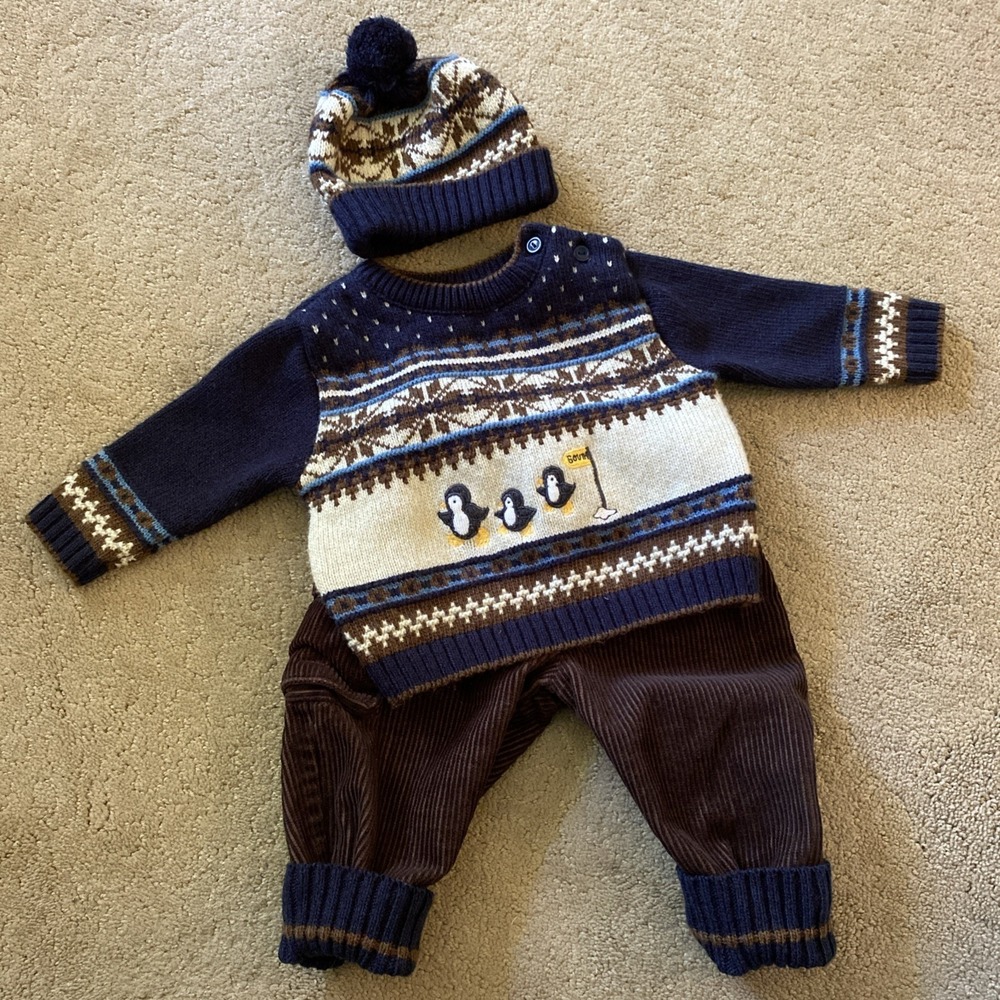 VINTAGE B.T. KIDS BABY BOY 3-6 MTHS 3 PIECE SET KNITTED SWEATER, HAT CORDUROYS